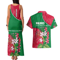 Maldives Floral Bloom Couples Matching Tank Maxi Dress and Hawaiian Shirt with Tropical Island Blossoms and National Flag Design