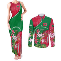 Maldives Floral Bloom Couples Matching Tank Maxi Dress and Long Sleeve Button Shirt with Tropical Island Blossoms and National Flag Design