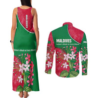 Maldives Floral Bloom Couples Matching Tank Maxi Dress and Long Sleeve Button Shirt with Tropical Island Blossoms and National Flag Design