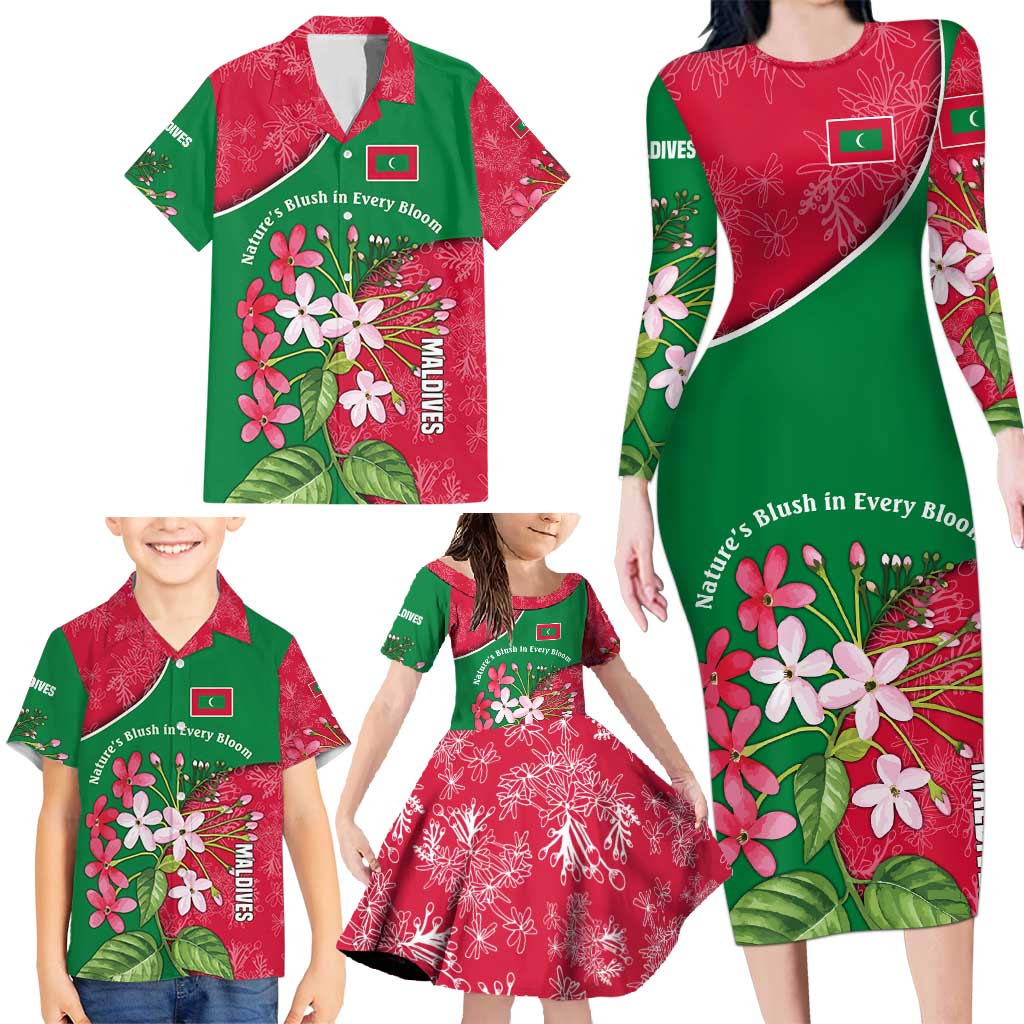 Maldives Floral Bloom Family Matching Long Sleeve Bodycon Dress and Hawaiian Shirt with Tropical Island Blossoms and National Flag Design