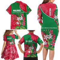 Maldives Floral Bloom Family Matching Long Sleeve Bodycon Dress and Hawaiian Shirt with Tropical Island Blossoms and National Flag Design