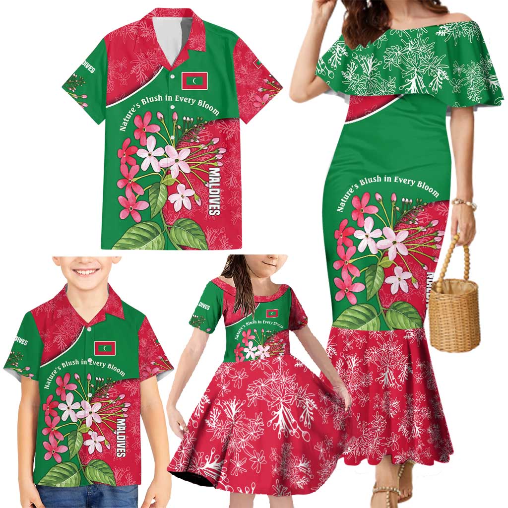 Maldives Floral Bloom Family Matching Mermaid Dress and Hawaiian Shirt with Tropical Island Blossoms and National Flag Design