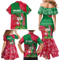 Maldives Floral Bloom Family Matching Mermaid Dress and Hawaiian Shirt with Tropical Island Blossoms and National Flag Design