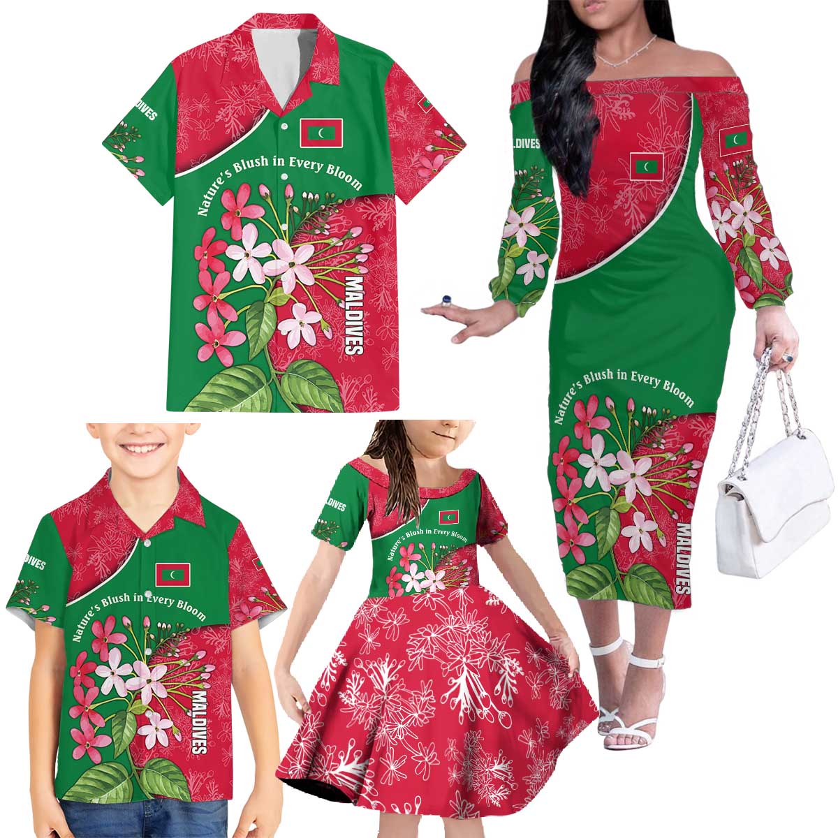 Maldives Floral Bloom Family Matching Off The Shoulder Long Sleeve Dress and Hawaiian Shirt with Tropical Island Blossoms and National Flag Design