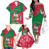 Maldives Floral Bloom Family Matching Off The Shoulder Long Sleeve Dress and Hawaiian Shirt with Tropical Island Blossoms and National Flag Design