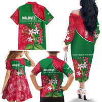 Maldives Floral Bloom Family Matching Off The Shoulder Long Sleeve Dress and Hawaiian Shirt with Tropical Island Blossoms and National Flag Design