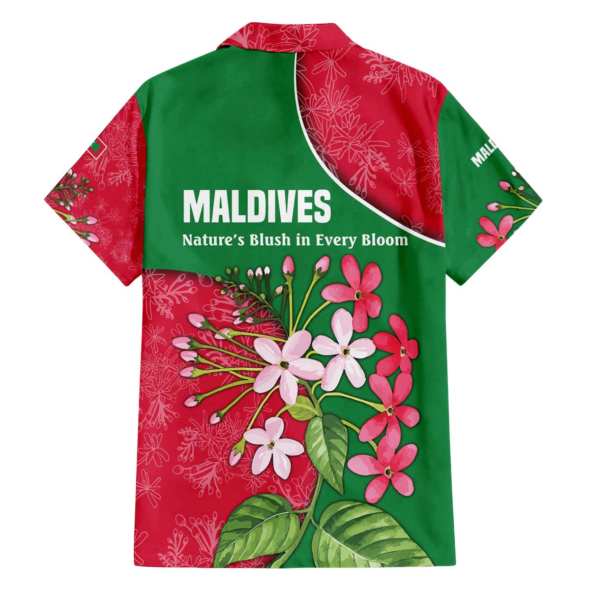 Maldives Floral Bloom Family Matching Off The Shoulder Long Sleeve Dress and Hawaiian Shirt with Tropical Island Blossoms and National Flag Design