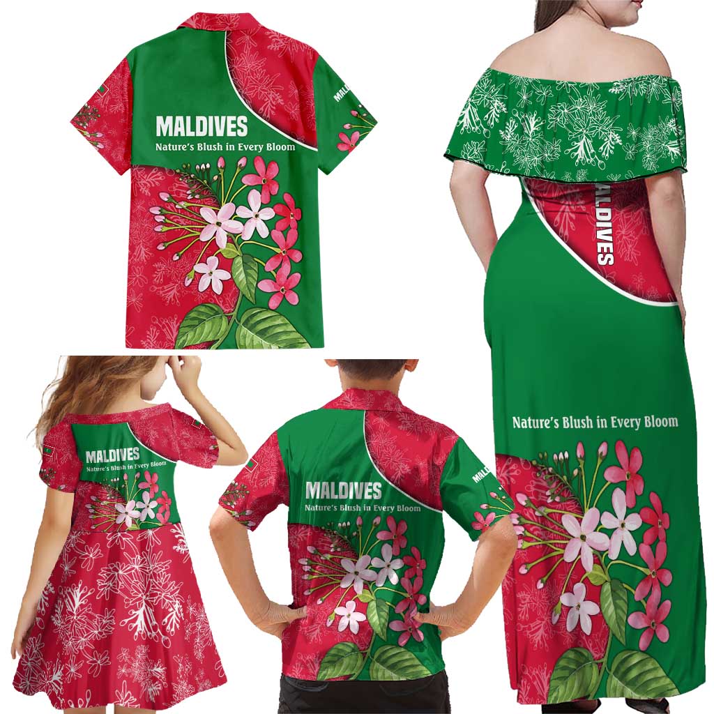 Maldives Floral Bloom Family Matching Off Shoulder Maxi Dress and Hawaiian Shirt with Tropical Island Blossoms and National Flag Design