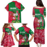 Maldives Floral Bloom Family Matching Puletasi and Hawaiian Shirt with Tropical Island Blossoms and National Flag Design