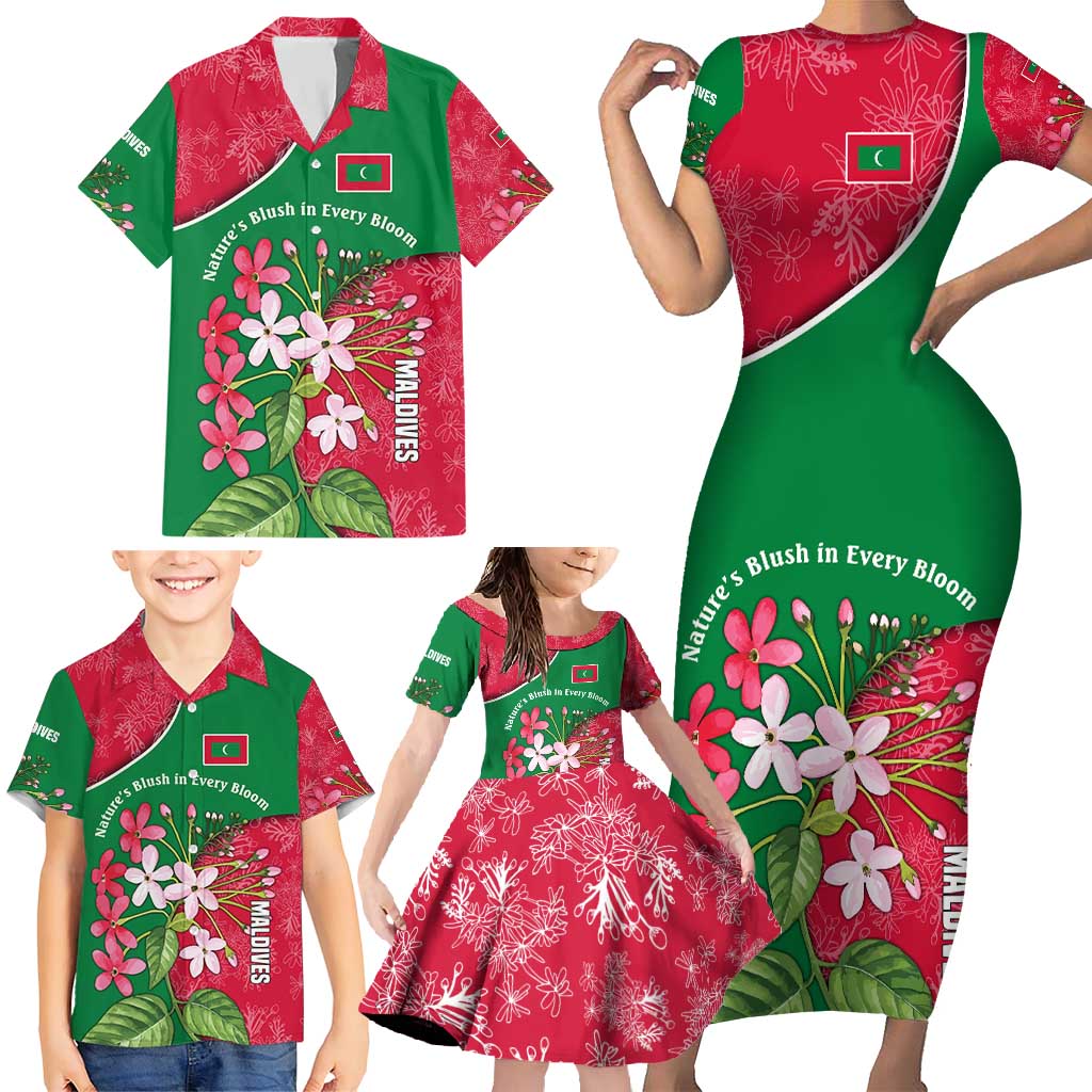 Maldives Floral Bloom Family Matching Short Sleeve Bodycon Dress and Hawaiian Shirt with Tropical Island Blossoms and National Flag Design