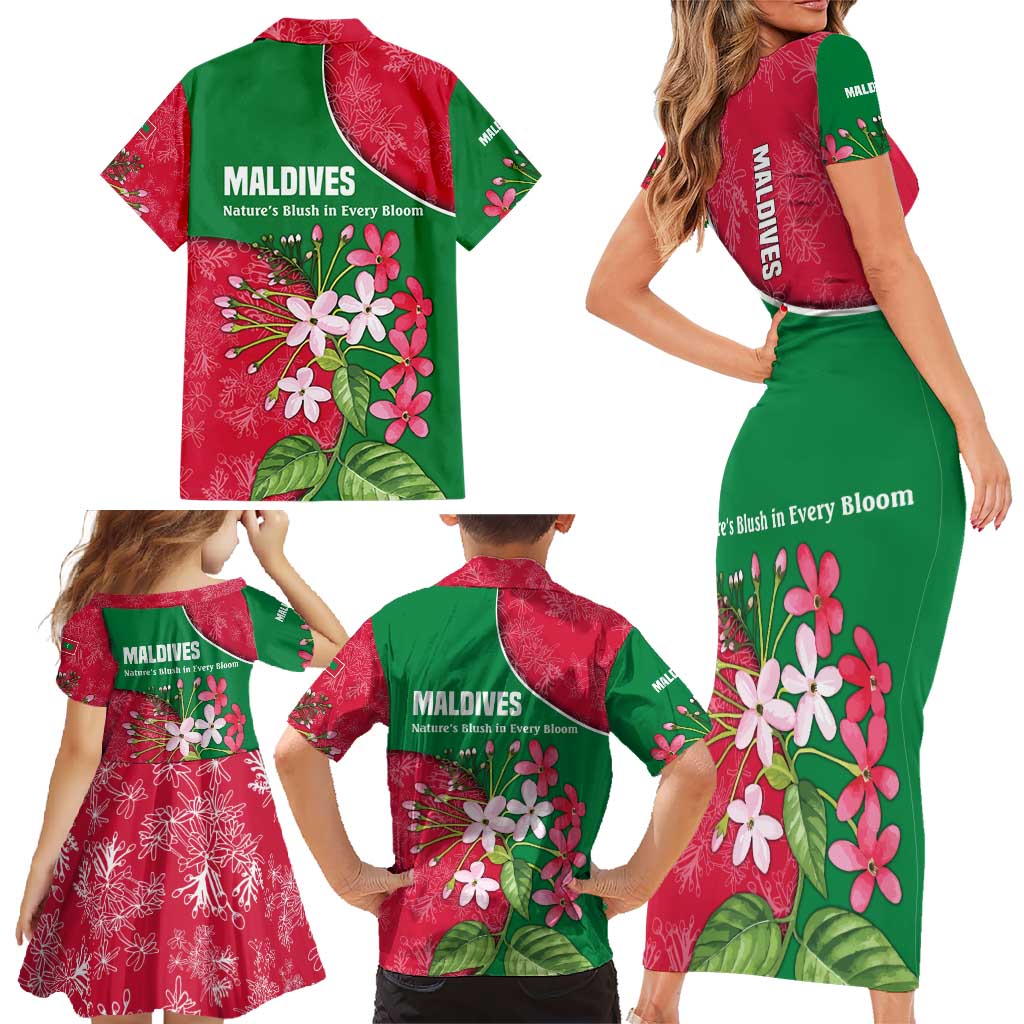 Maldives Floral Bloom Family Matching Short Sleeve Bodycon Dress and Hawaiian Shirt with Tropical Island Blossoms and National Flag Design