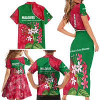 Maldives Floral Bloom Family Matching Short Sleeve Bodycon Dress and Hawaiian Shirt with Tropical Island Blossoms and National Flag Design