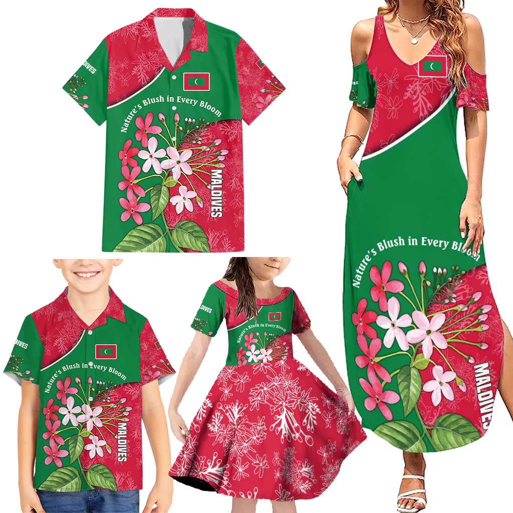 Maldives Floral Bloom Family Matching Summer Maxi Dress and Hawaiian Shirt with Tropical Island Blossoms and National Flag Design