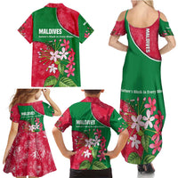 Maldives Floral Bloom Family Matching Summer Maxi Dress and Hawaiian Shirt with Tropical Island Blossoms and National Flag Design