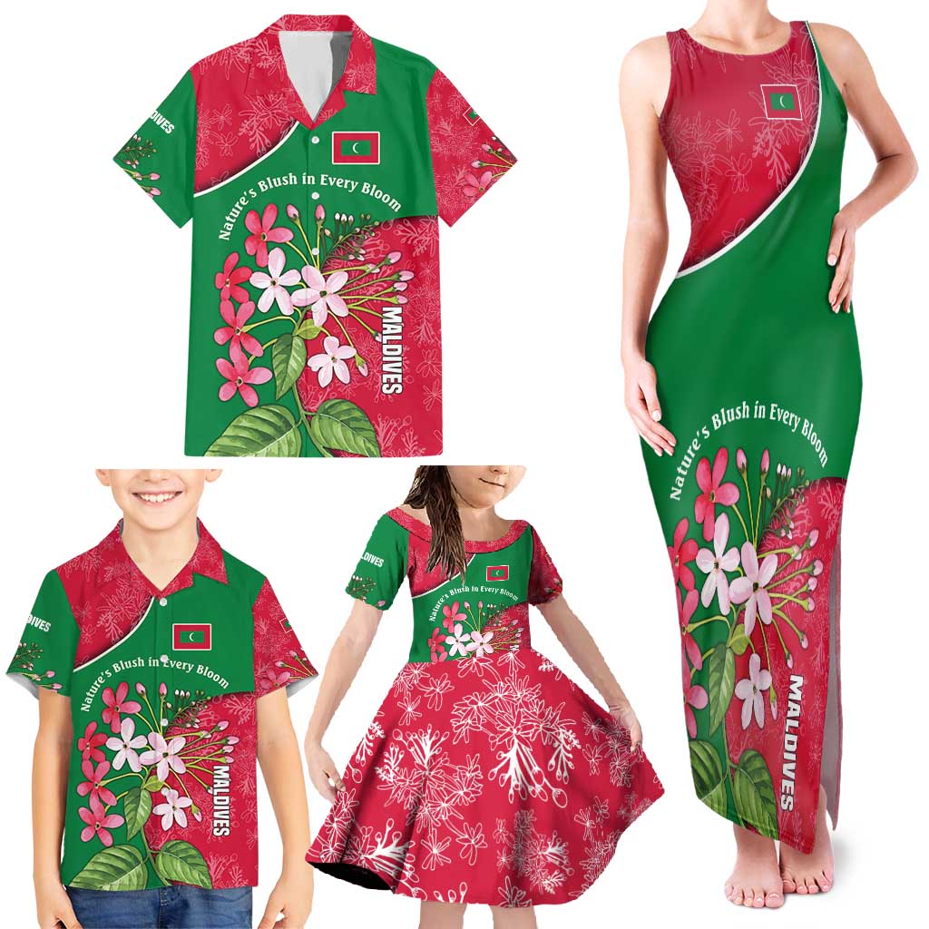 Maldives Floral Bloom Family Matching Tank Maxi Dress and Hawaiian Shirt with Tropical Island Blossoms and National Flag Design