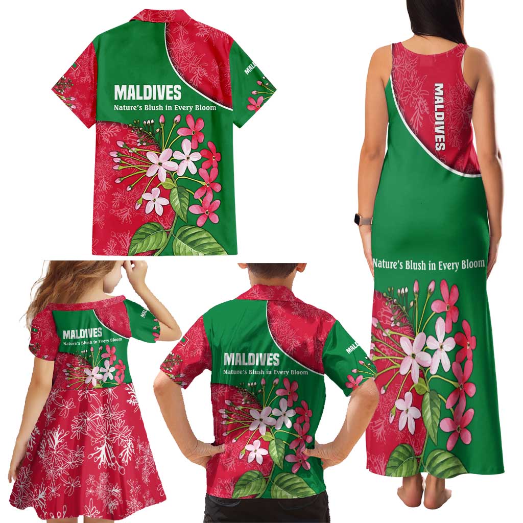Maldives Floral Bloom Family Matching Tank Maxi Dress and Hawaiian Shirt with Tropical Island Blossoms and National Flag Design