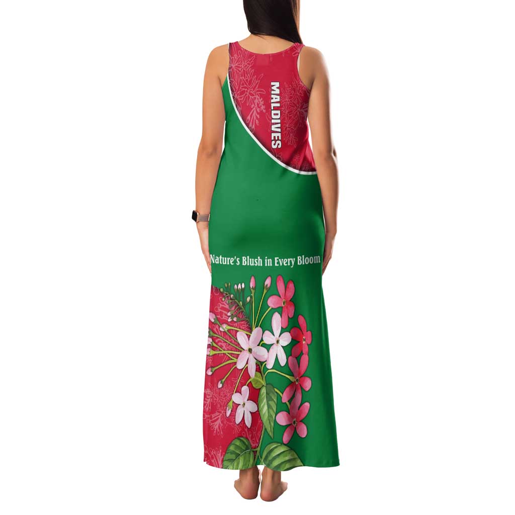 Maldives Floral Bloom Family Matching Tank Maxi Dress and Hawaiian Shirt with Tropical Island Blossoms and National Flag Design