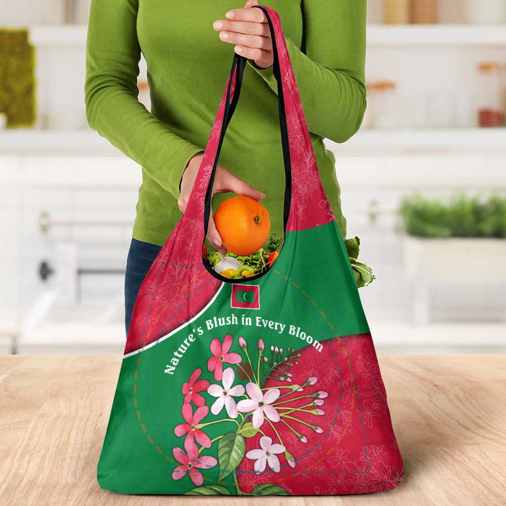 Maldives Floral Bloom Grocery Bag with Tropical Island Blossoms and National Flag Design