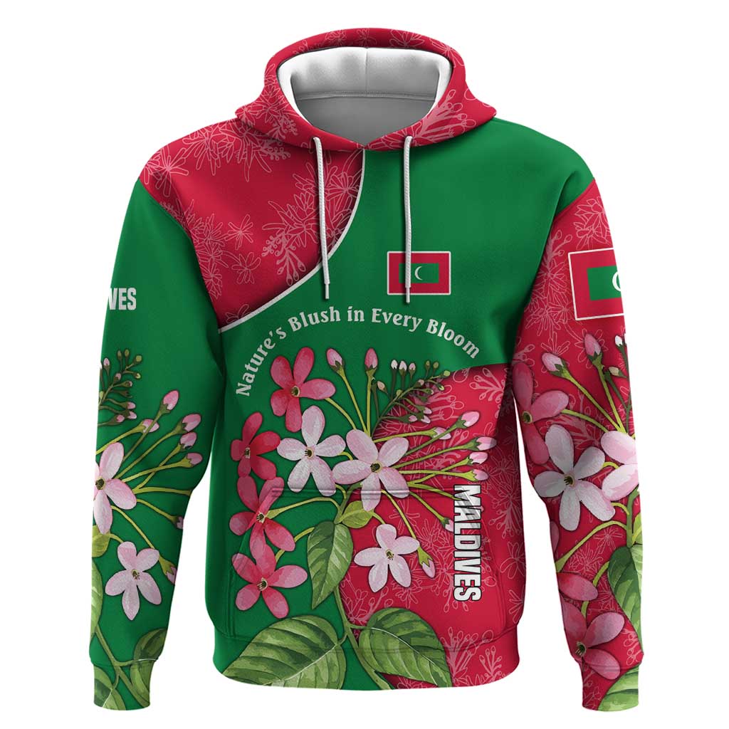 Maldives Floral Bloom Hoodie with Tropical Island Blossoms and National Flag Design
