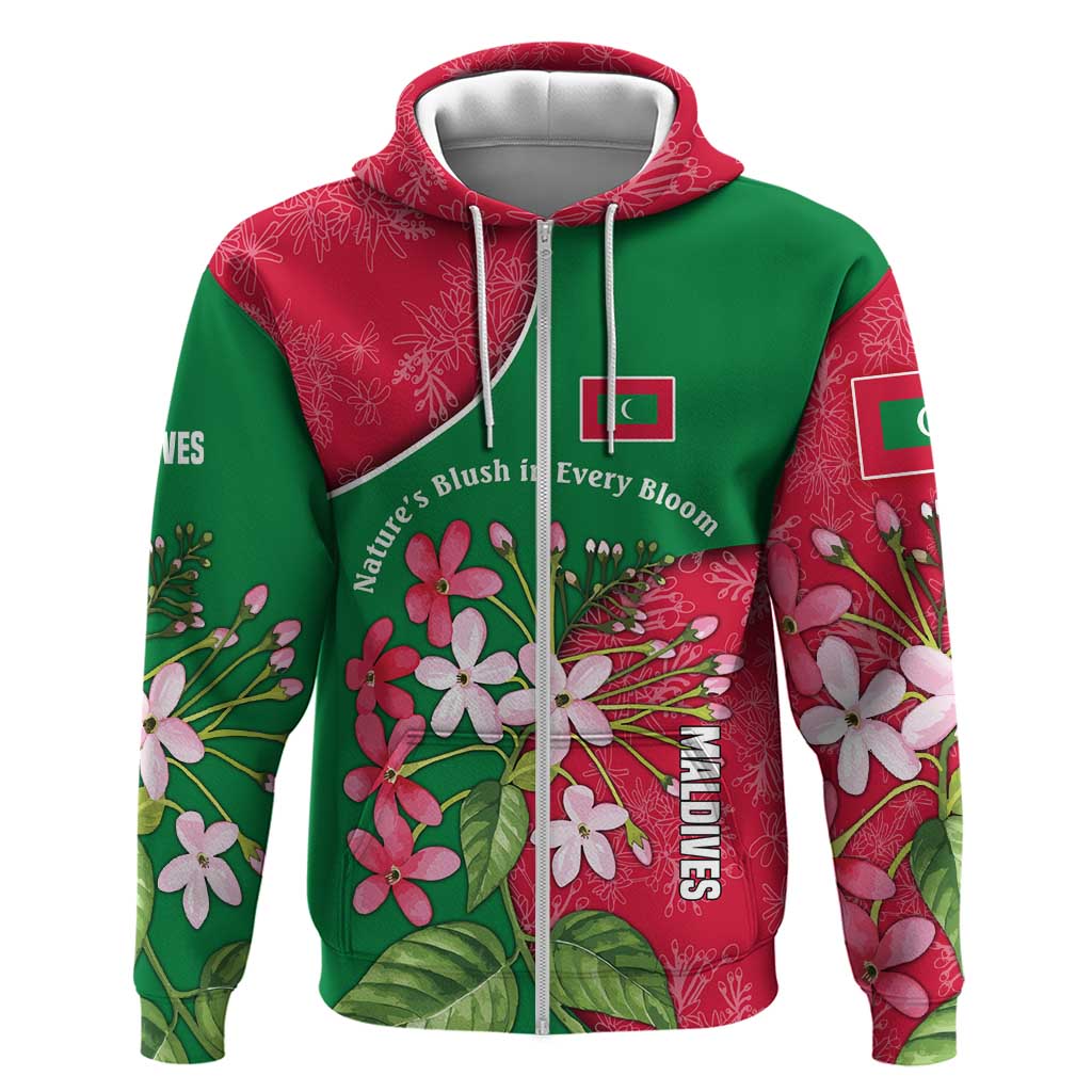 Maldives Floral Bloom Hoodie with Tropical Island Blossoms and National Flag Design
