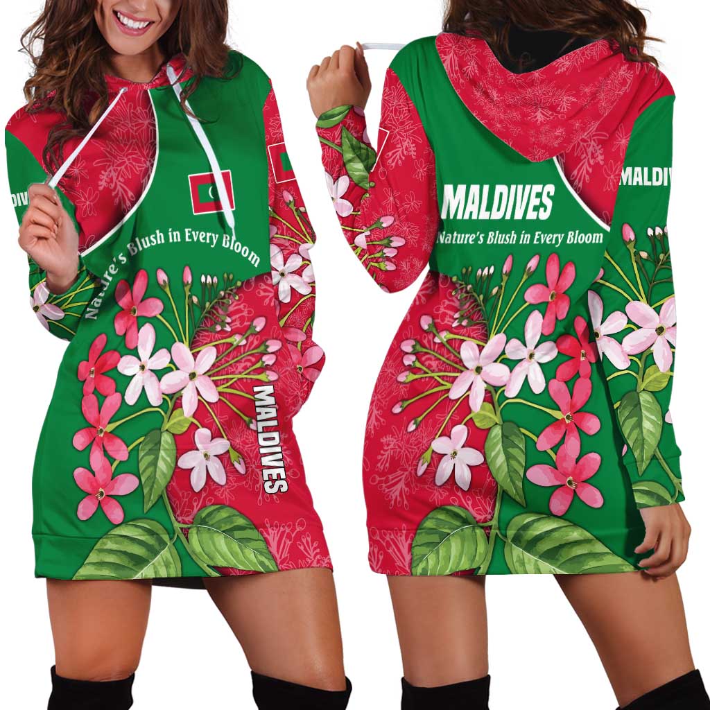 Maldives Floral Bloom Hoodie Dress with Tropical Island Blossoms and National Flag Design