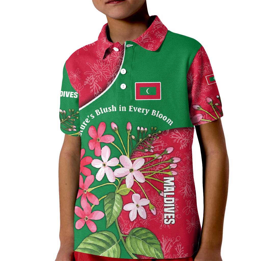 Maldives Floral Bloom Kid Polo Shirt with Tropical Island Blossoms and National Flag Design