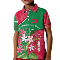 Maldives Floral Bloom Kid Polo Shirt with Tropical Island Blossoms and National Flag Design