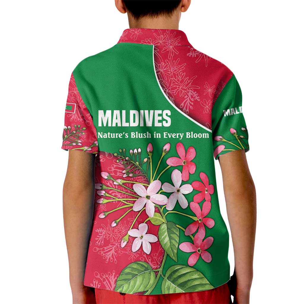 Maldives Floral Bloom Kid Polo Shirt with Tropical Island Blossoms and National Flag Design