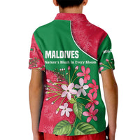 Maldives Floral Bloom Kid Polo Shirt with Tropical Island Blossoms and National Flag Design
