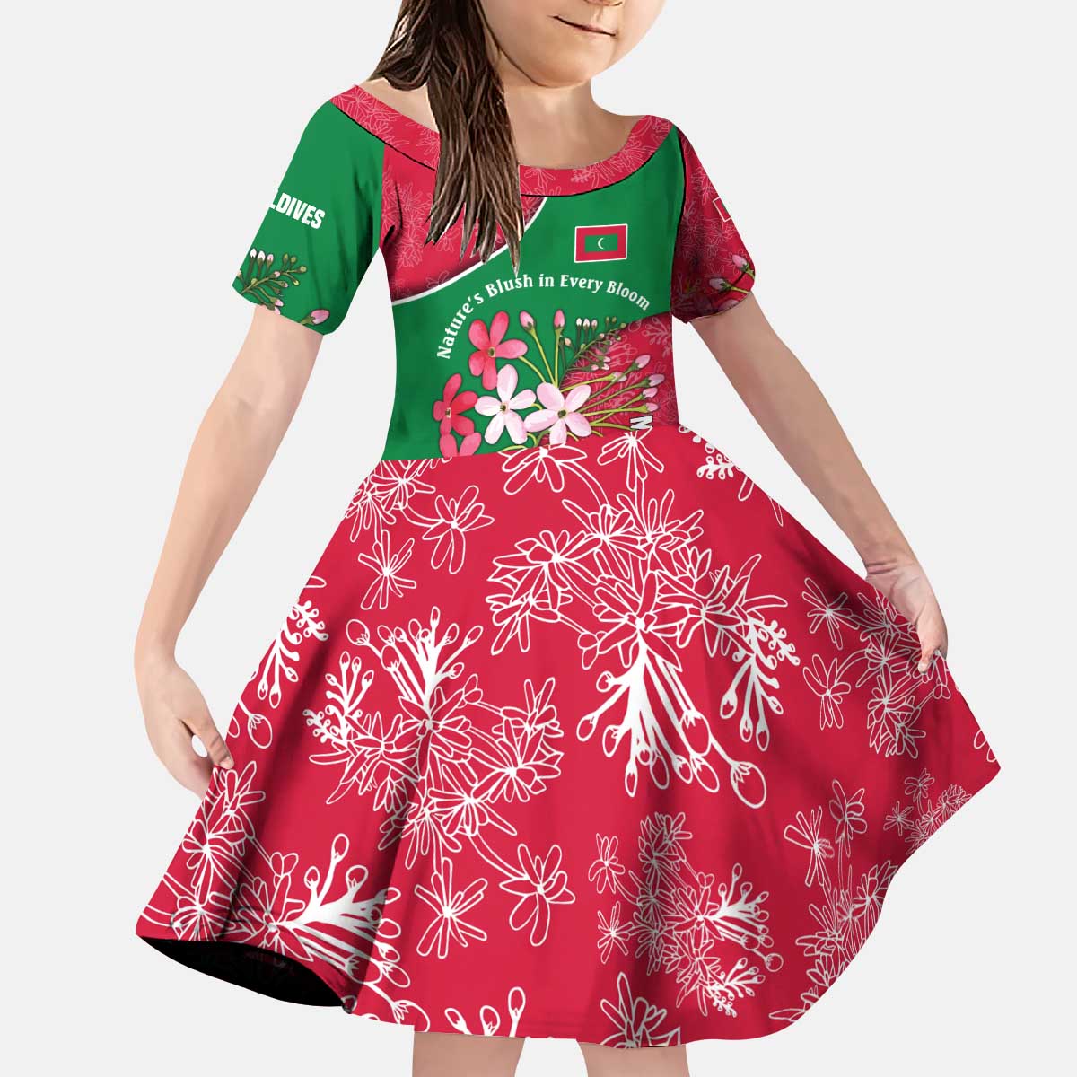 Maldives Floral Bloom Kid Short Sleeve Dress with Tropical Island Blossoms and National Flag Design