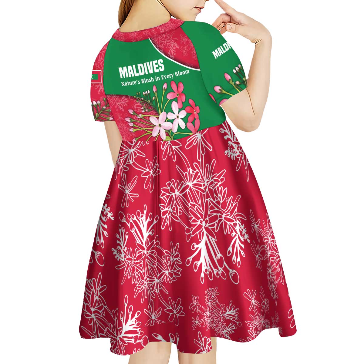 Maldives Floral Bloom Kid Short Sleeve Dress with Tropical Island Blossoms and National Flag Design