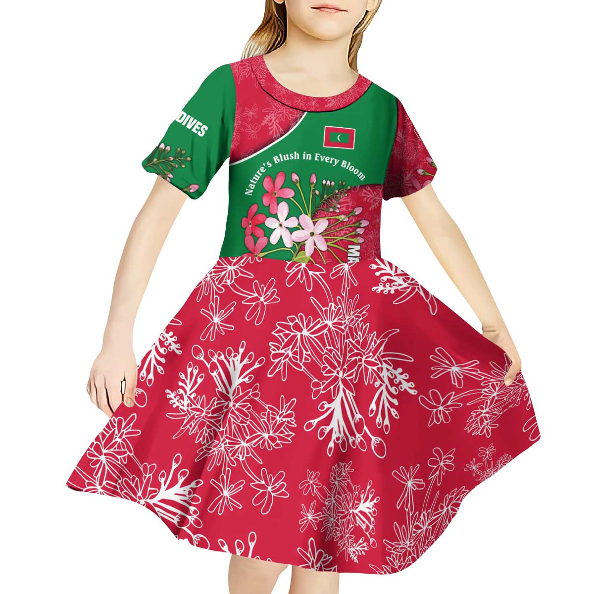 Maldives Floral Bloom Kid Short Sleeve Dress with Tropical Island Blossoms and National Flag Design