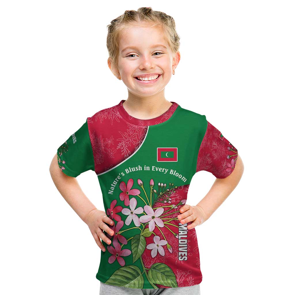 Maldives Floral Bloom Kid T Shirt with Tropical Island Blossoms and National Flag Design