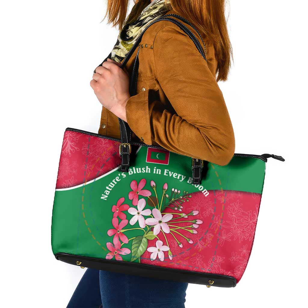 Maldives Floral Bloom Leather Tote Bag with Tropical Island Blossoms and National Flag Design