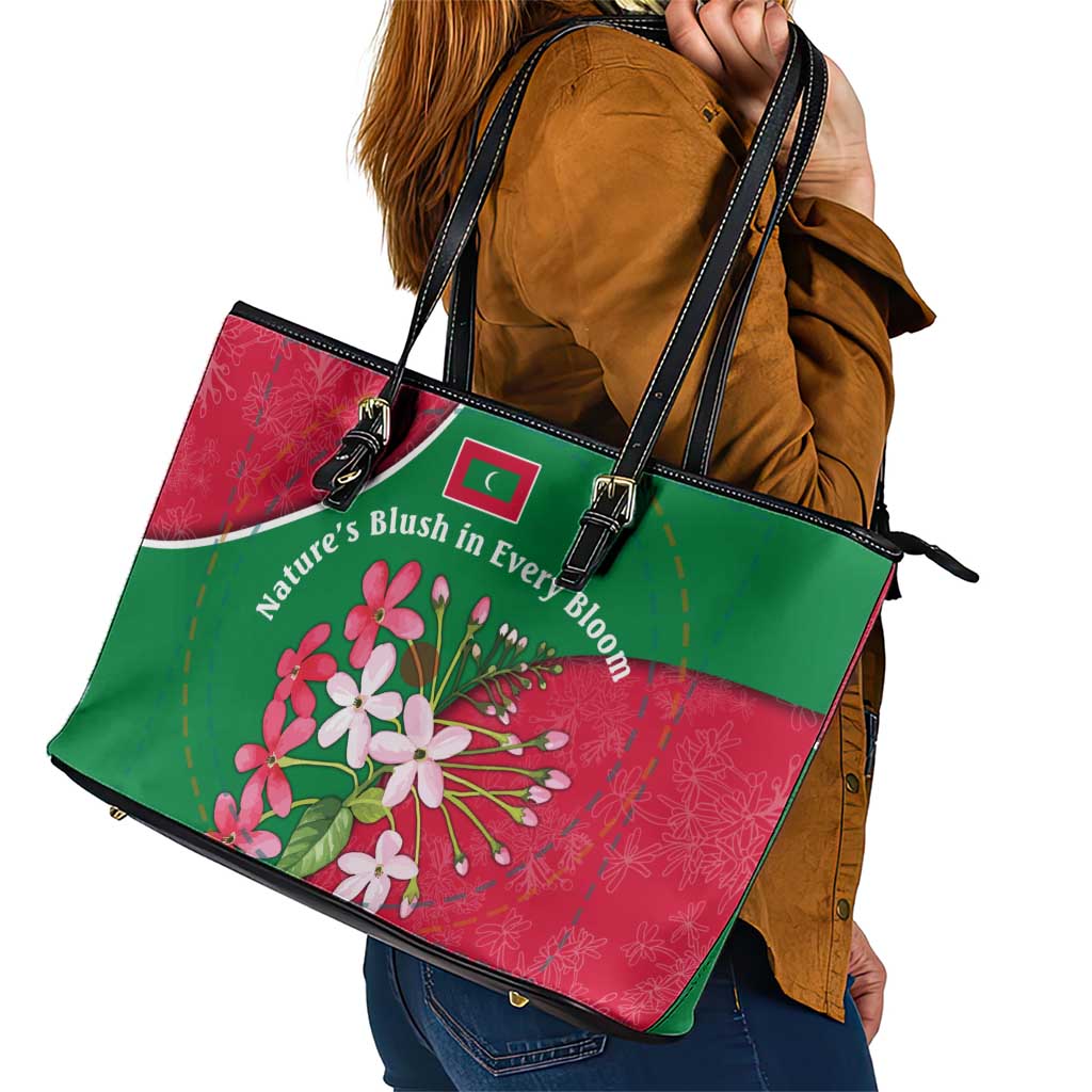Maldives Floral Bloom Leather Tote Bag with Tropical Island Blossoms and National Flag Design