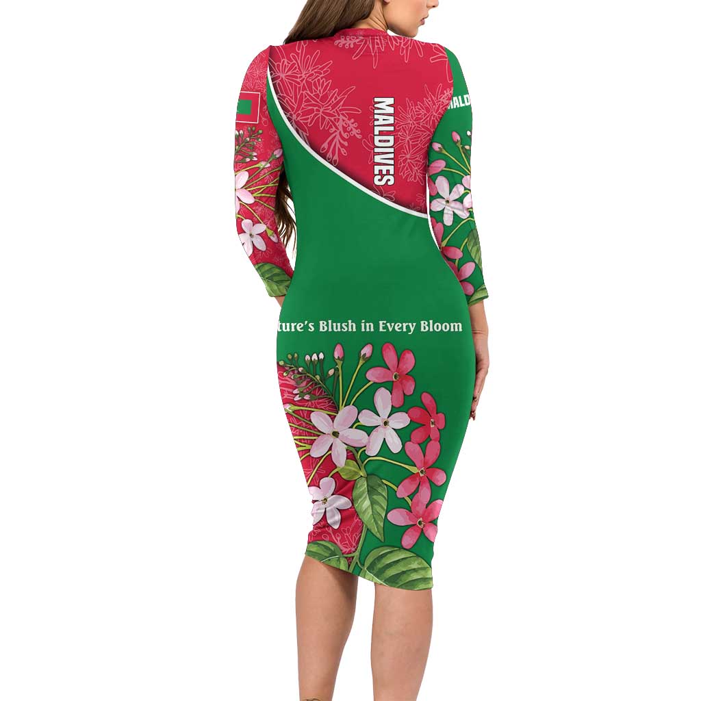 Maldives Floral Bloom Long Sleeve Bodycon Dress with Tropical Island Blossoms and National Flag Design