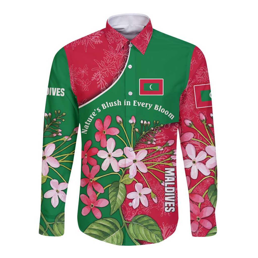 Maldives Floral Bloom Long Sleeve Button Shirt with Tropical Island Blossoms and National Flag Design