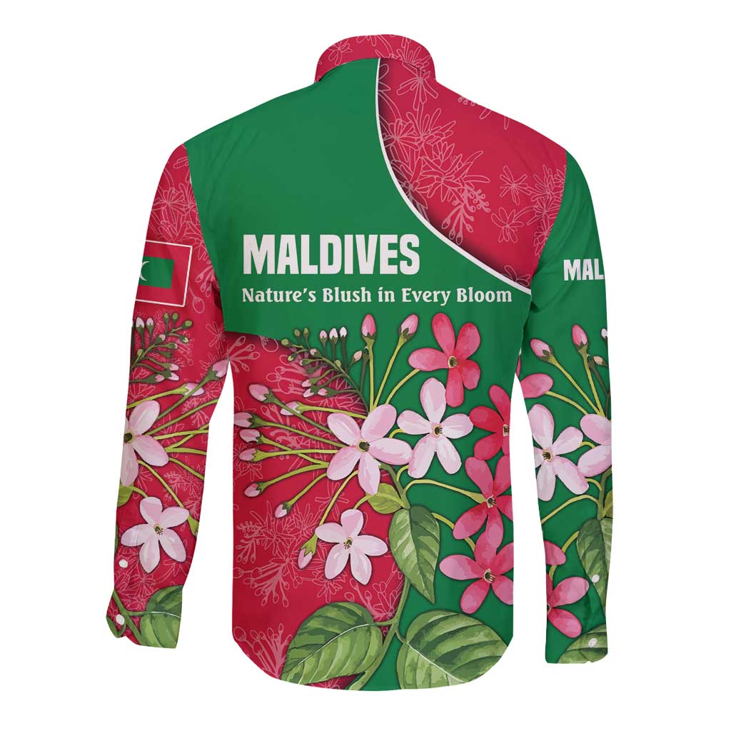 Maldives Floral Bloom Long Sleeve Button Shirt with Tropical Island Blossoms and National Flag Design