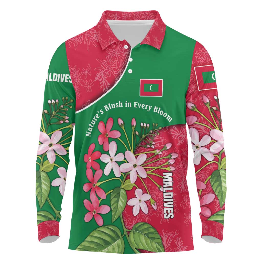 Maldives Floral Bloom Long Sleeve Polo Shirt with Tropical Island Blossoms and National Flag Design
