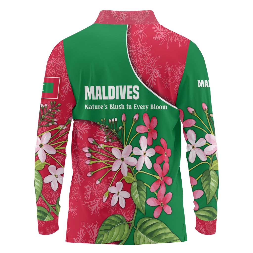 Maldives Floral Bloom Long Sleeve Polo Shirt with Tropical Island Blossoms and National Flag Design