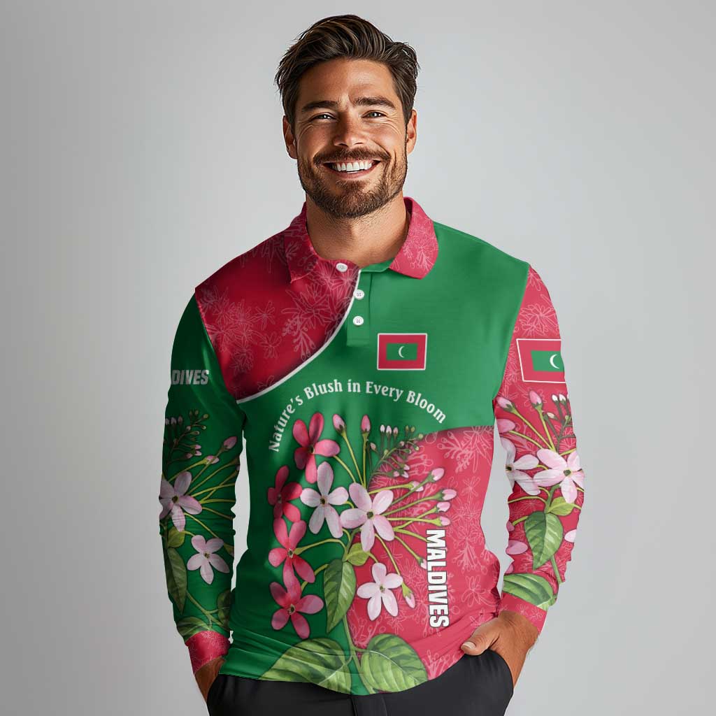 Maldives Floral Bloom Long Sleeve Polo Shirt with Tropical Island Blossoms and National Flag Design