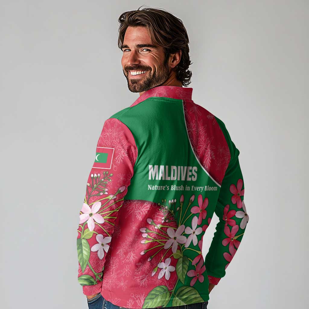 Maldives Floral Bloom Long Sleeve Polo Shirt with Tropical Island Blossoms and National Flag Design
