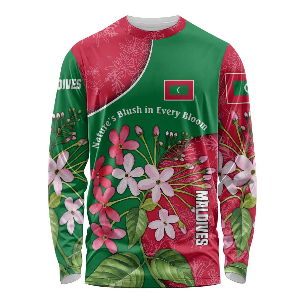 Maldives Floral Bloom Long Sleeve Shirt with Tropical Island Blossoms and National Flag Design