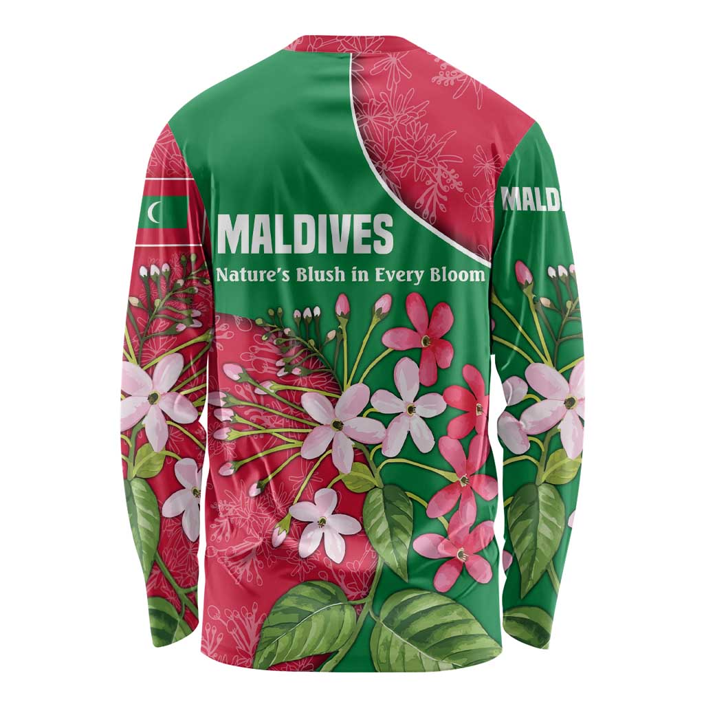 Maldives Floral Bloom Long Sleeve Shirt with Tropical Island Blossoms and National Flag Design