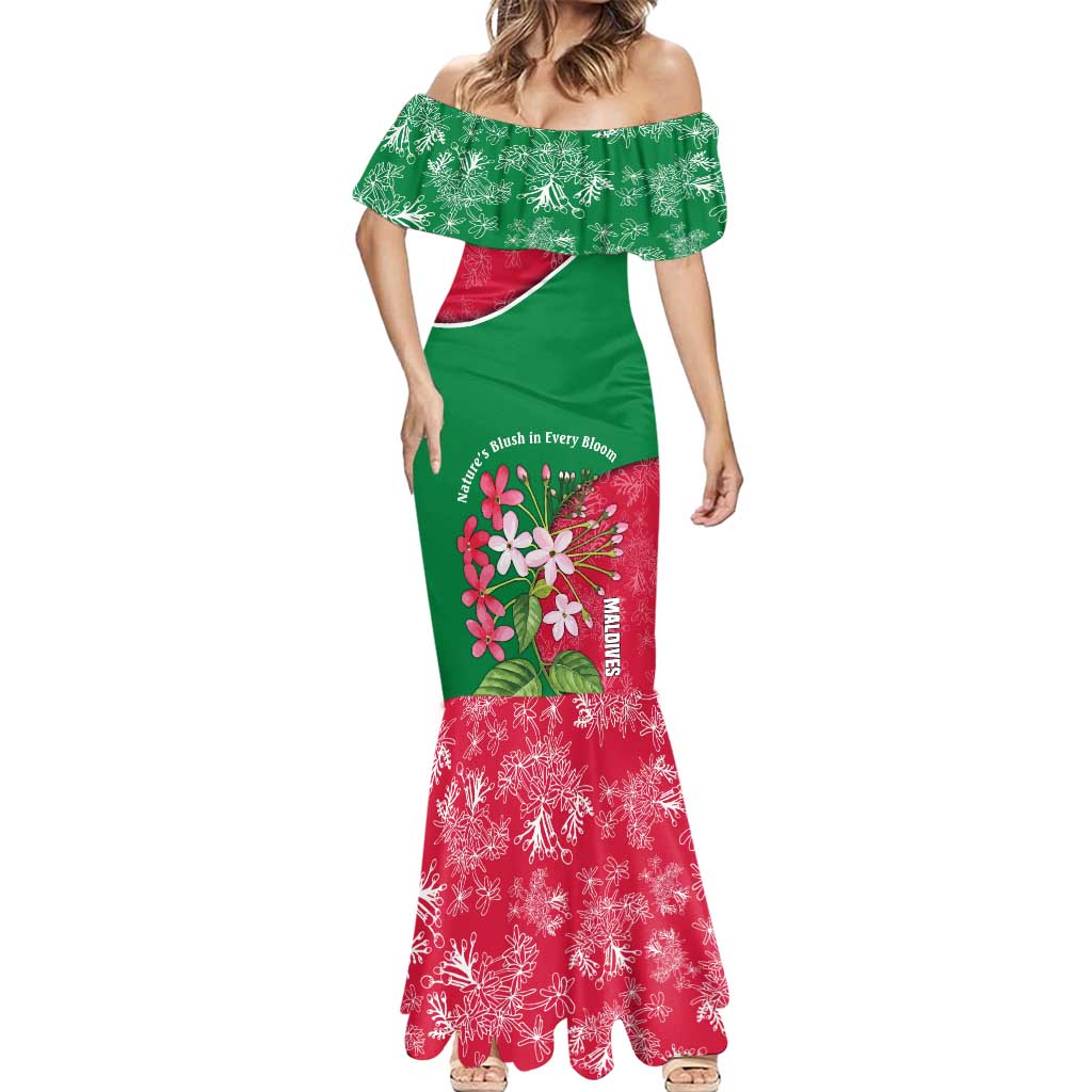 Maldives Floral Bloom Mermaid Dress with Tropical Island Blossoms and National Flag Design