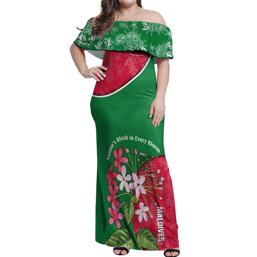 Maldives Floral Bloom Off Shoulder Maxi Dress with Tropical Island Blossoms and National Flag Design