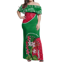 Maldives Floral Bloom Off Shoulder Maxi Dress with Tropical Island Blossoms and National Flag Design