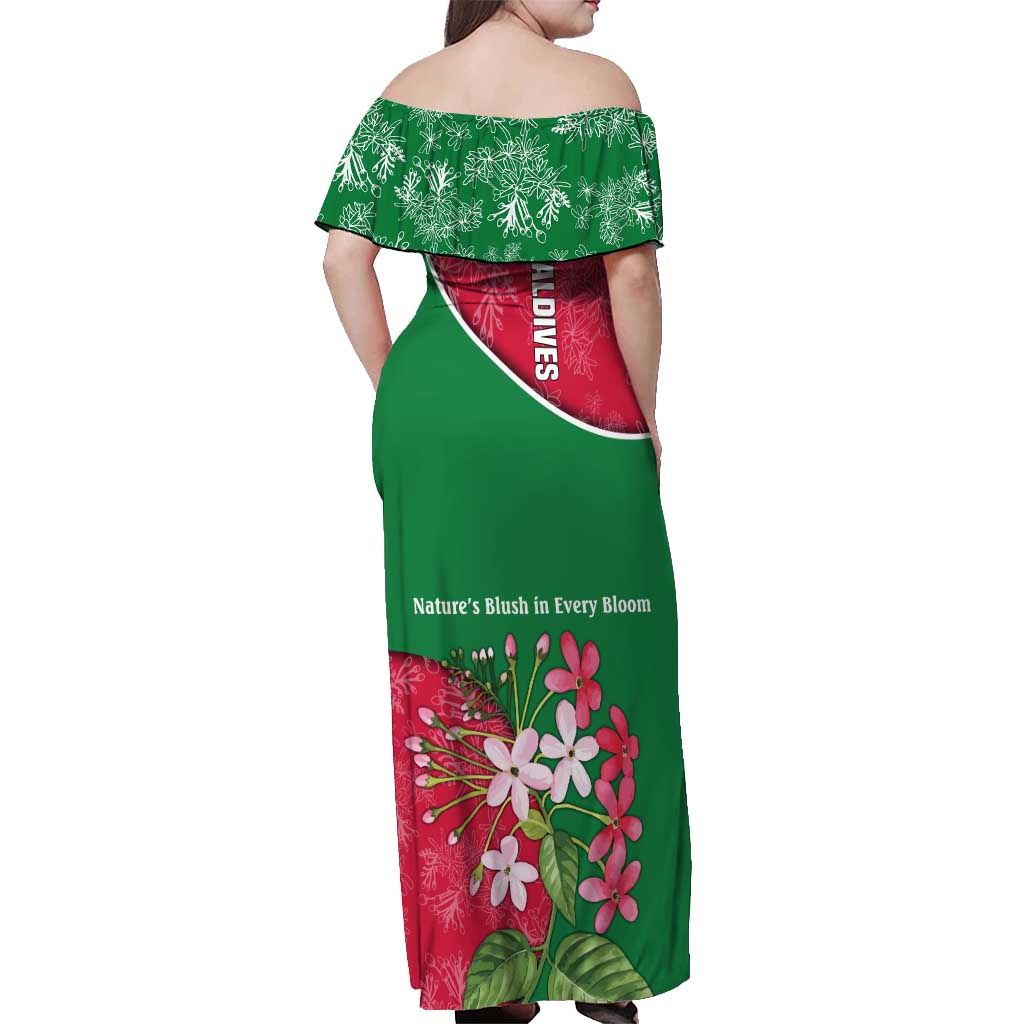 Maldives Floral Bloom Off Shoulder Maxi Dress with Tropical Island Blossoms and National Flag Design