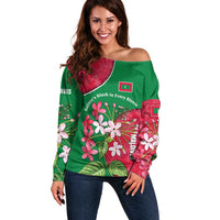 Maldives Floral Bloom Off Shoulder Sweater with Tropical Island Blossoms and National Flag Design