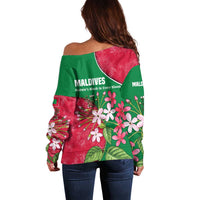 Maldives Floral Bloom Off Shoulder Sweater with Tropical Island Blossoms and National Flag Design